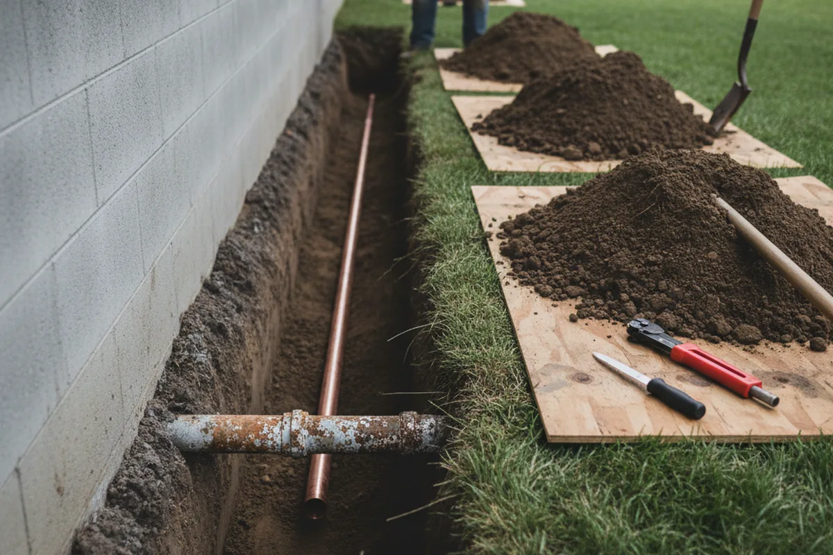Excavated water line trench during Sewer Line Repair in Markleville